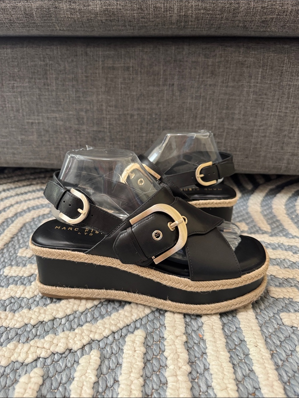 Marc Fisher LTD Black Leather Platform Espadrille Sandals Women's Size 8 NWT